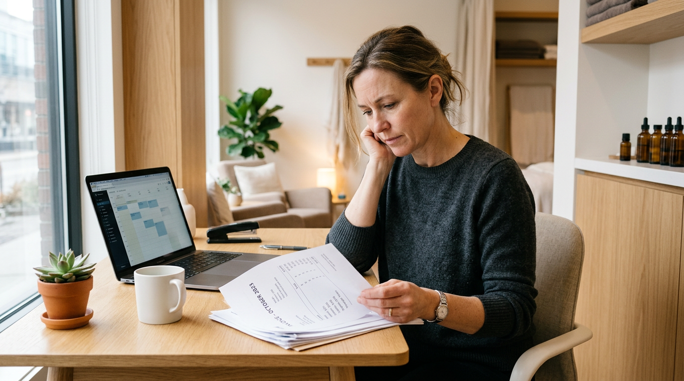 Massage clinic owner reviewing an invoice at a desk in a warm clinic interior