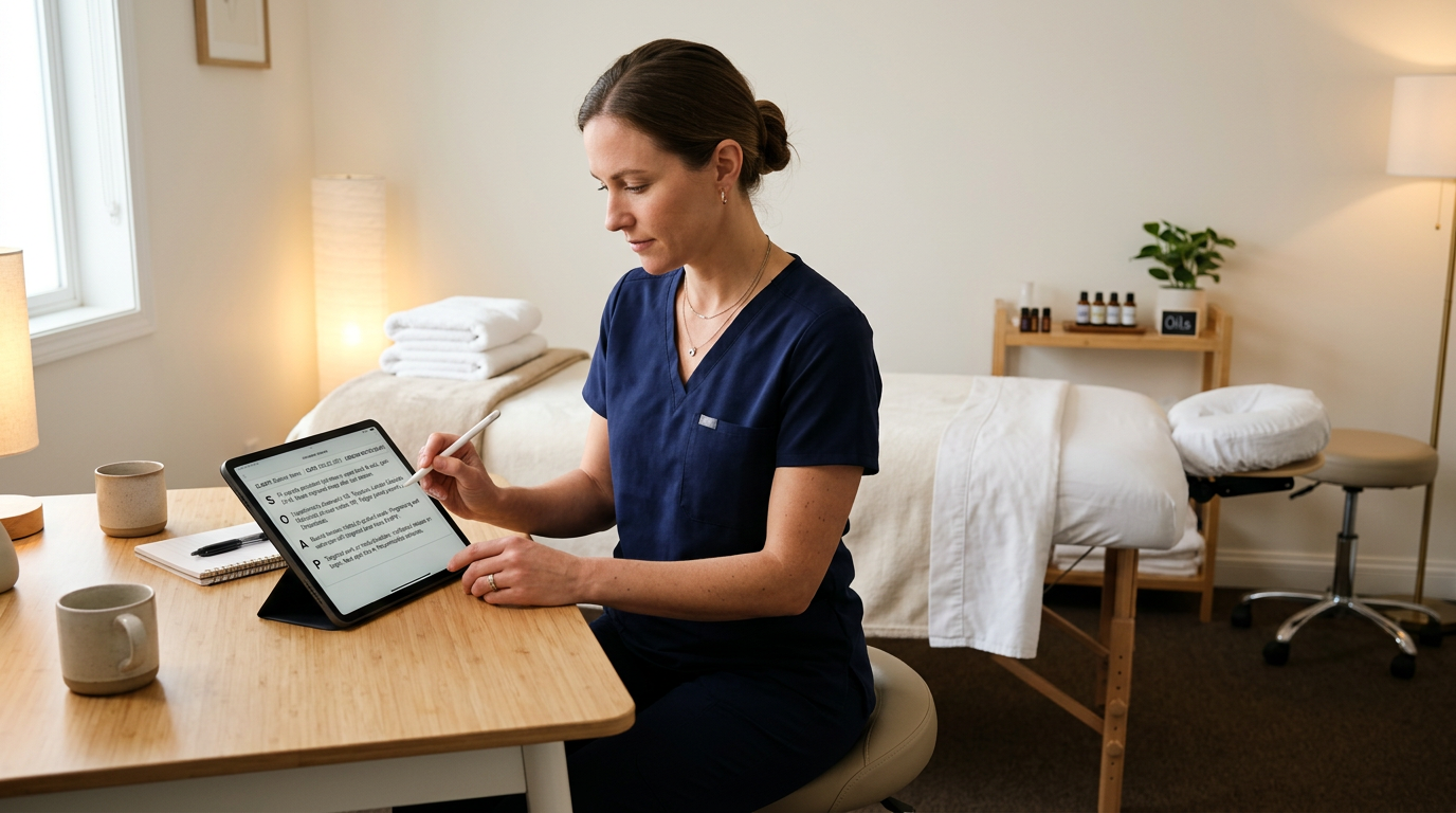Massage therapist reviewing client session notes on a tablet in a treatment room