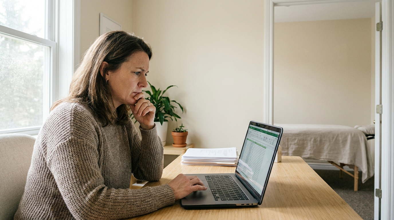 Clinic owner looking at a laptop with a frustrated expression, scheduling calendar visible on screen