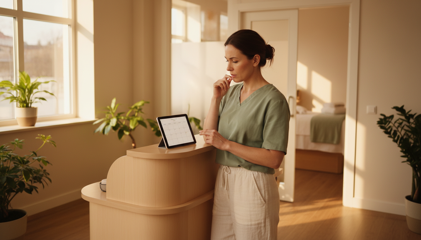 Massage clinic owner reviewing a half-filled weekly schedule on a tablet at the front desk