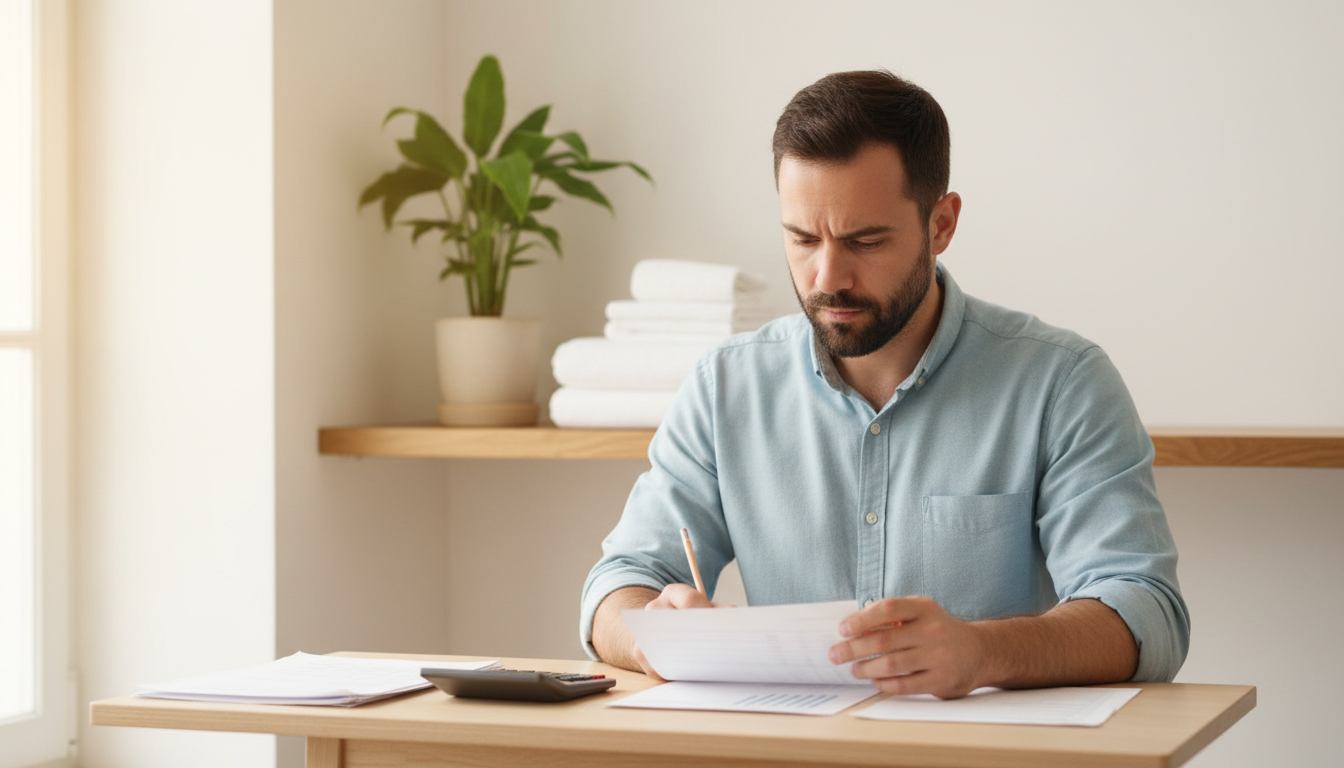 Massage clinic owner reviewing a printed monthly revenue report at a wooden desk