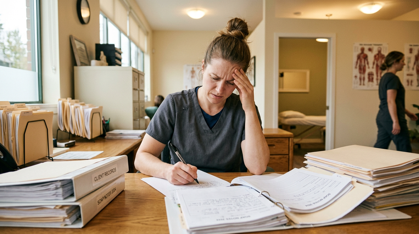 Massage therapist surrounded by paper SOAP note charts at a clinic desk