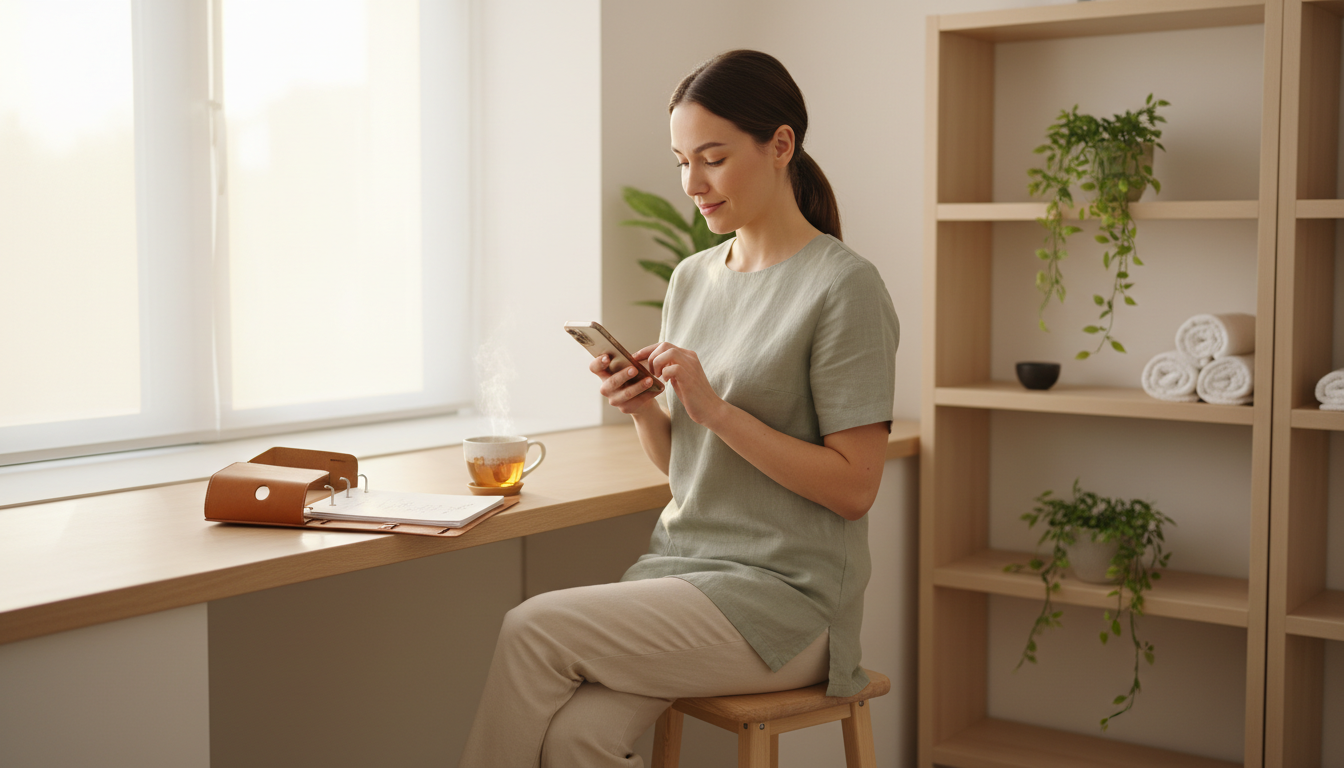 Massage therapist typing a short follow-up message on a phone in a bright clinic break area