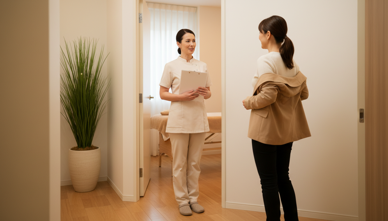 Massage therapist speaking with a dressed client at the treatment room door after a session