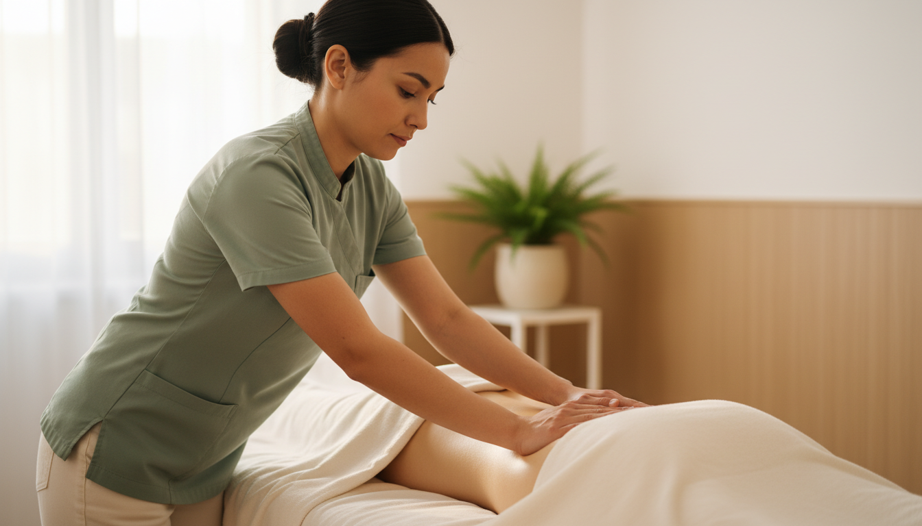 Massage therapist working with relaxed, open hands and low shoulders along a client's draped lower back
