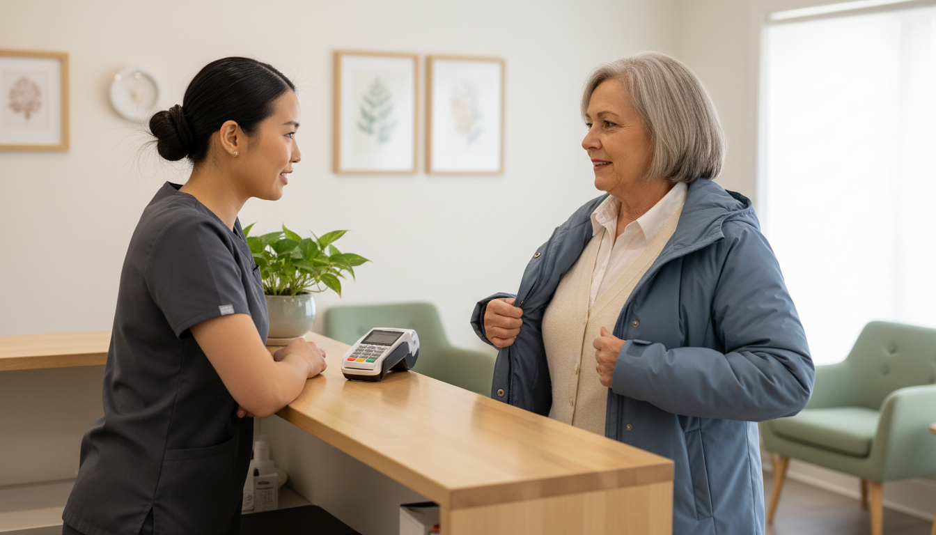 Massage therapist at the front desk talking with a regular client at checkout