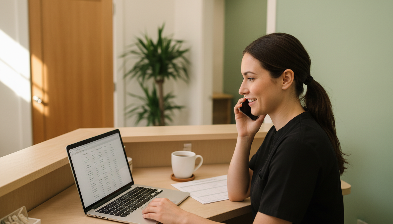 Massage clinic front desk staff member on the phone, looking at a list of appointments on a laptop