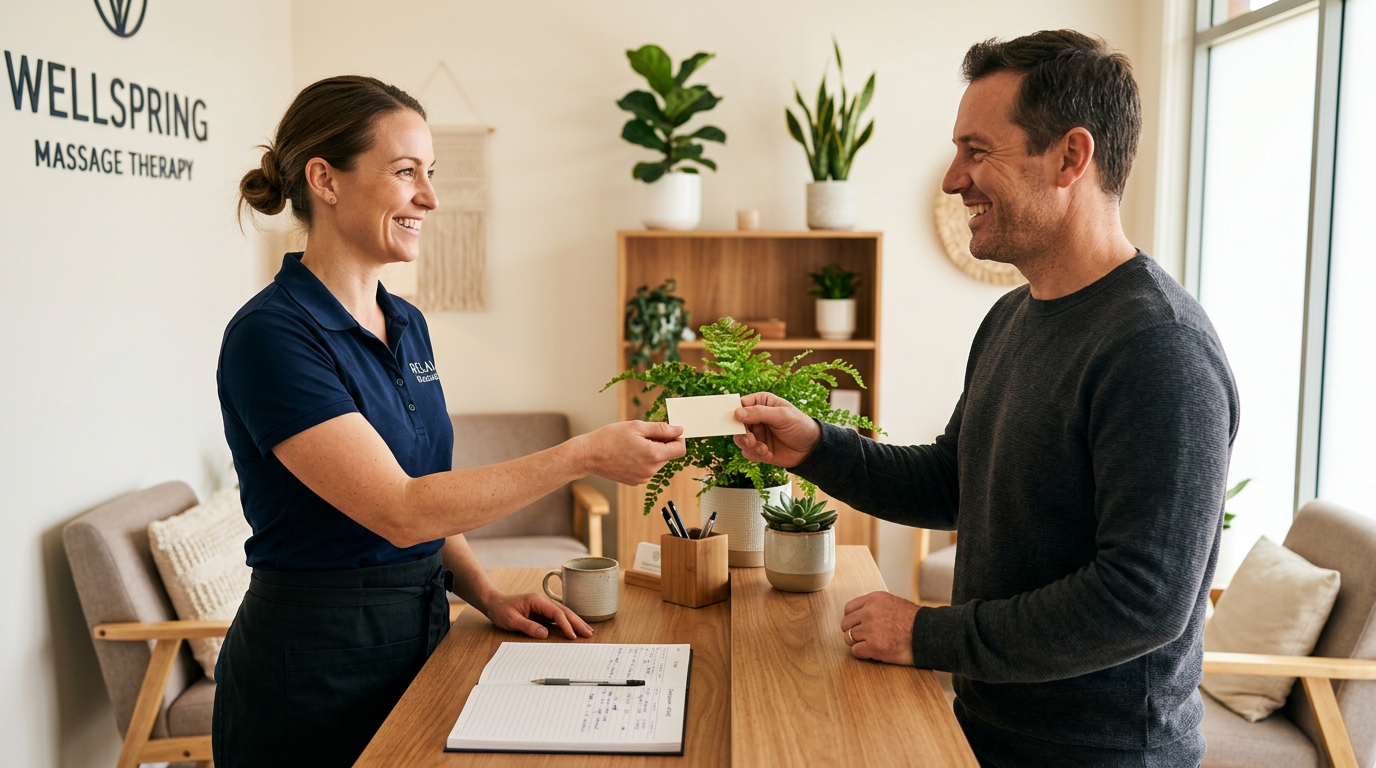 Massage therapist handing a referral card to a happy client after their session
