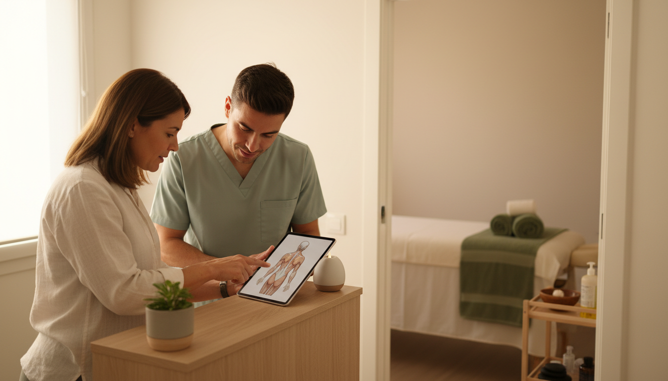 Massage clinic owner showing a therapist something on a tablet at the front desk, with a treatment room visible behind them