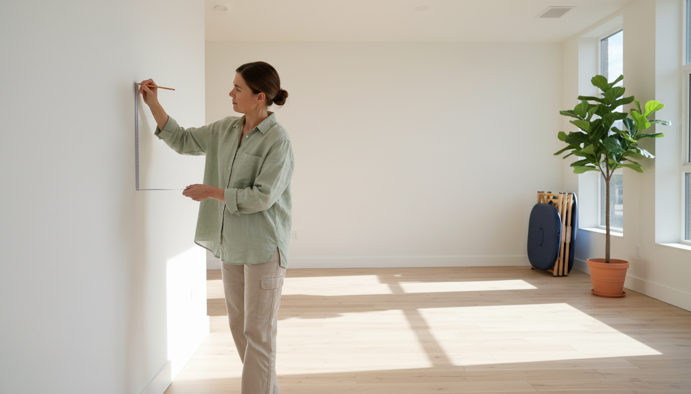 Massage therapist measuring a wall in an empty, sunlit commercial unit while planning treatment rooms