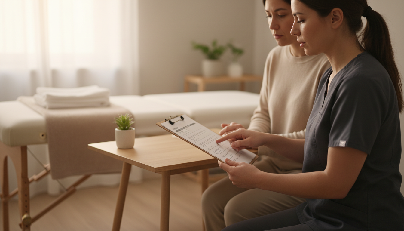 Massage therapist and client reviewing a one-page consent form together at a treatment room desk before a session