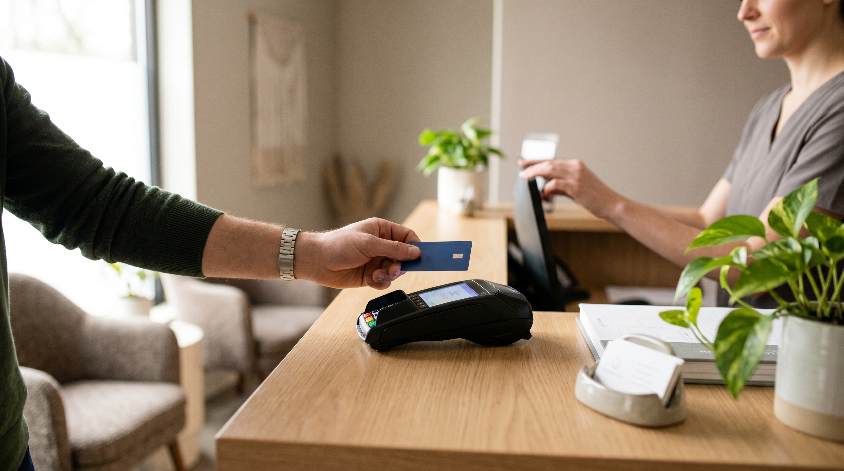 Massage clinic front desk with a payment terminal during client checkout, warm natural light