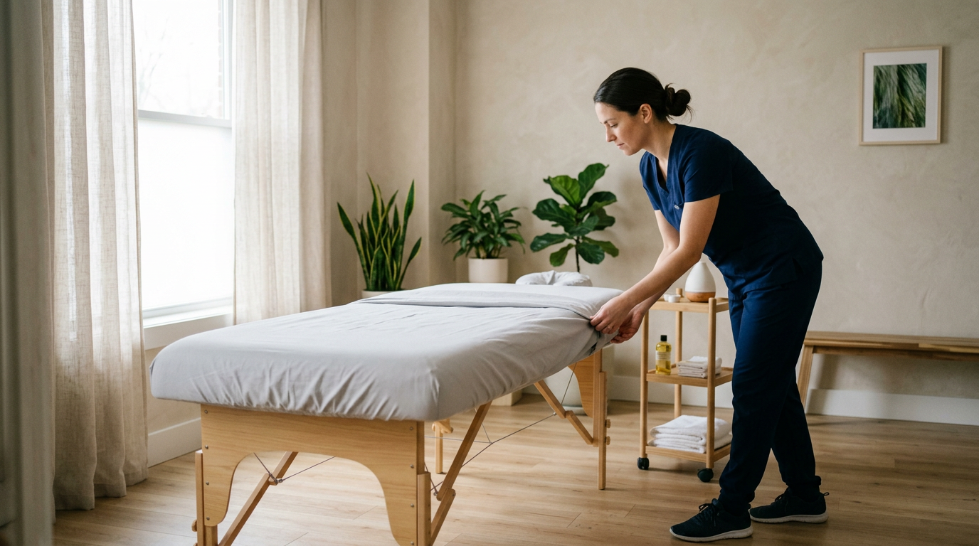 New massage therapist setting up a treatment room, adjusting a massage table in a clean, warm clinic space