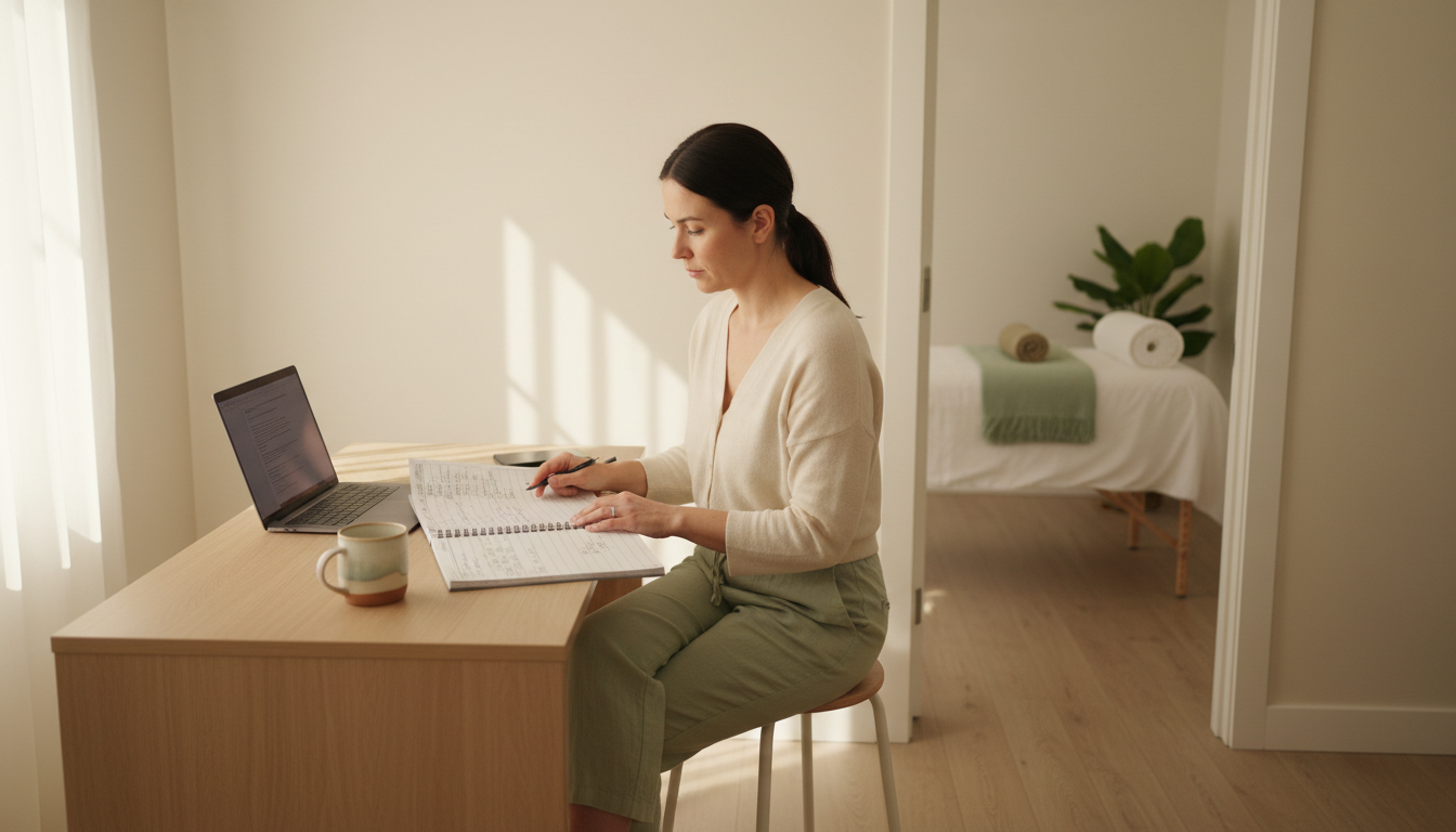 Massage clinic owner reviewing the week's schedule at a front desk between client sessions