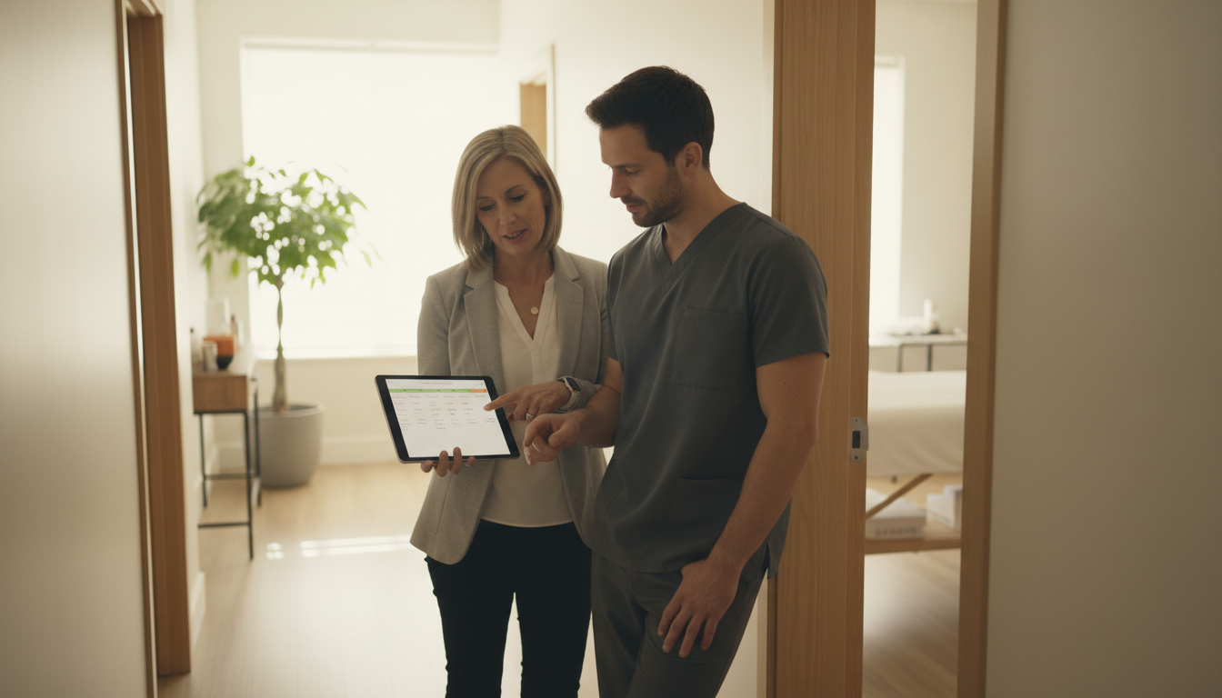 Clinic owner and massage therapist reviewing a schedule together on a tablet in a bright clinic hallway