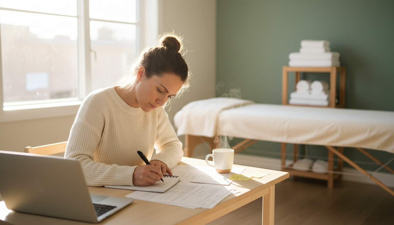 Massage clinic owner filling out an award application at a desk in a quiet treatment room